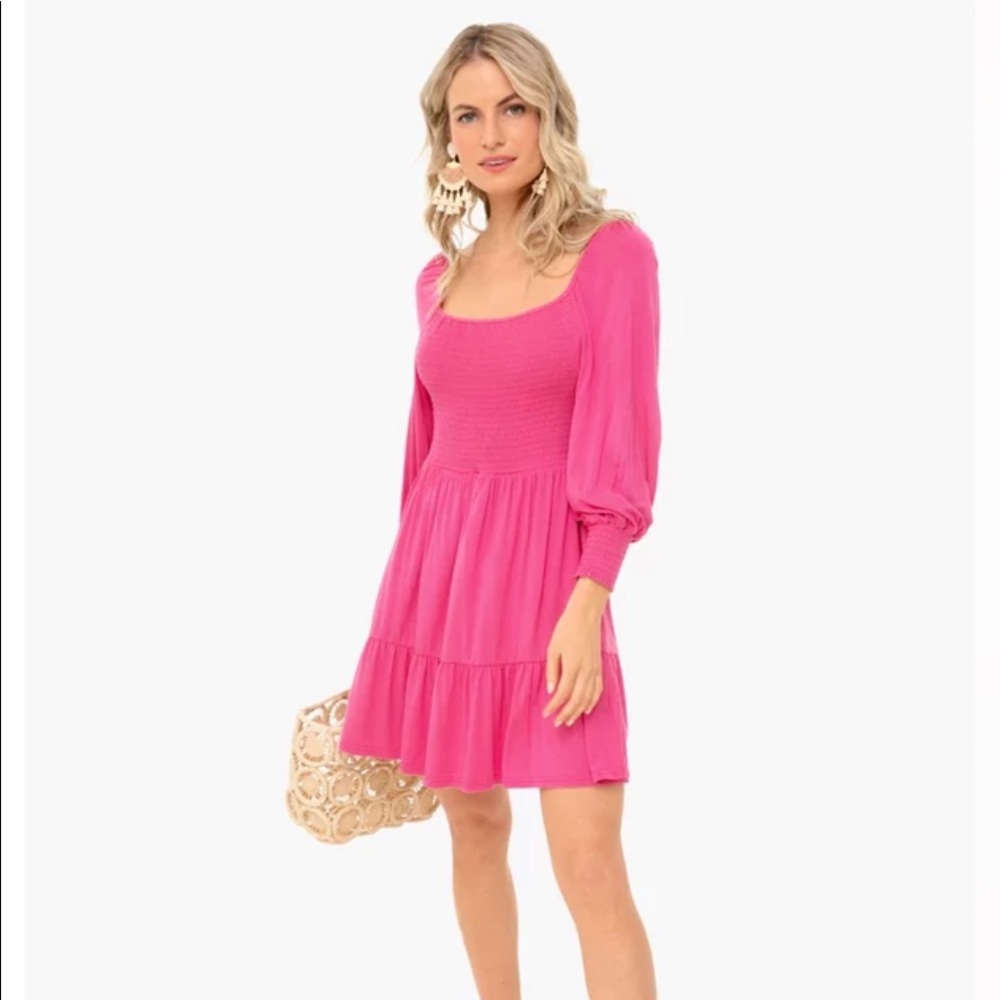 BB Dakota raspberry smocked long sleeve dress
